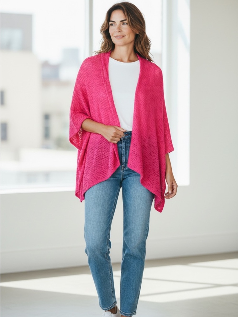 Chico’s Hot Pink Open Knit Fly-Away Cardigan Size L/XL